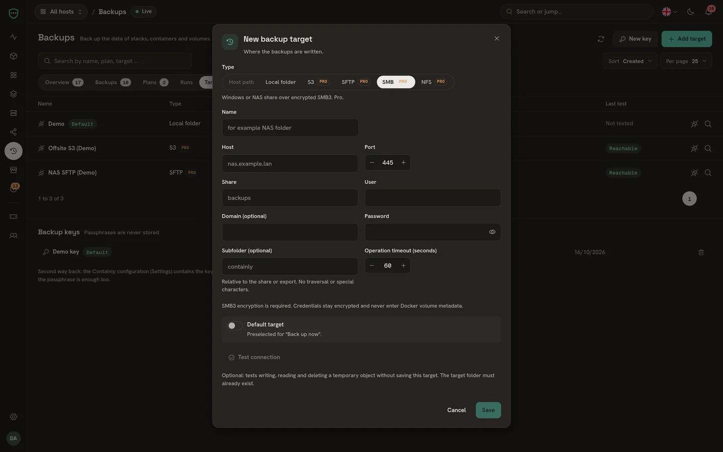 SMB- und NFS-Ziele. S3, SFTP, verschlüsseltes SMB3 und NFSv4 sind Pro-Ziele. Englische App.