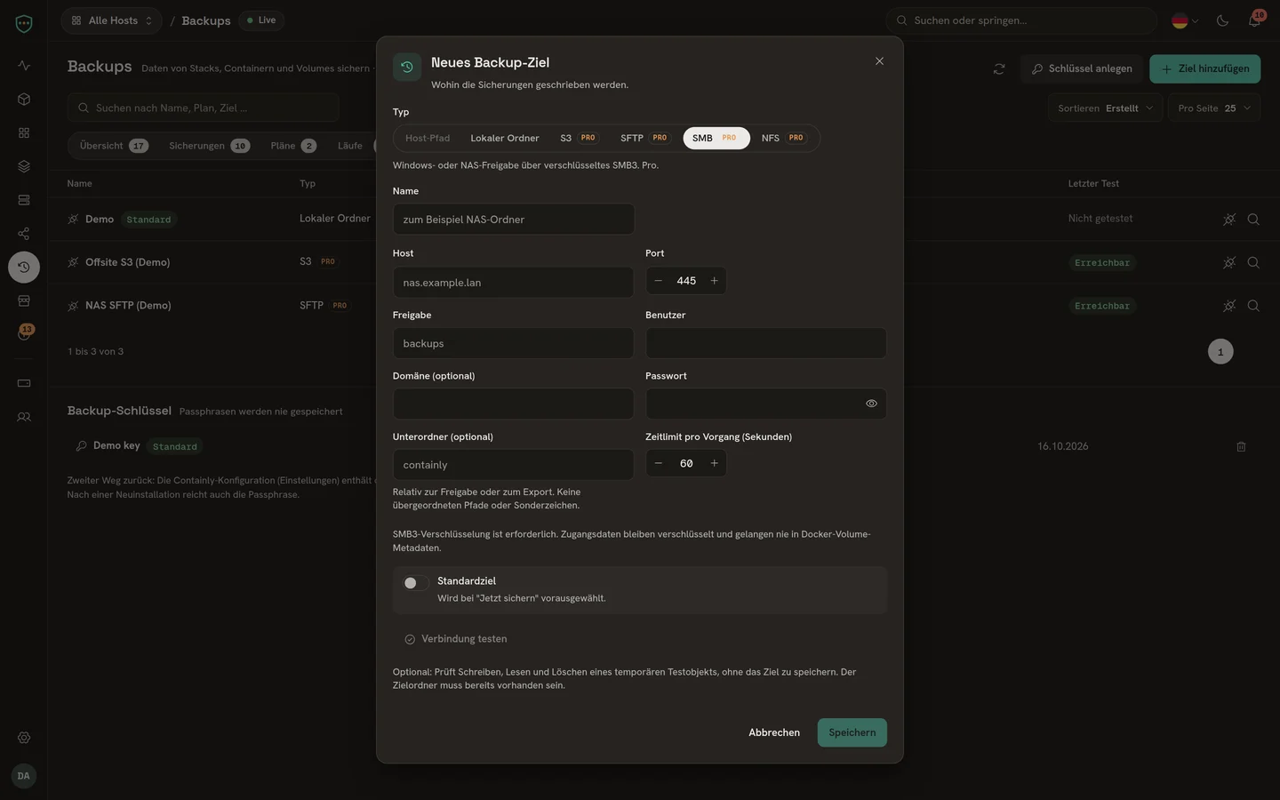 Backups auf Deutsch. Die deutsche App: ein verschlüsseltes SMB3-Backup-Ziel einrichten (Pro).