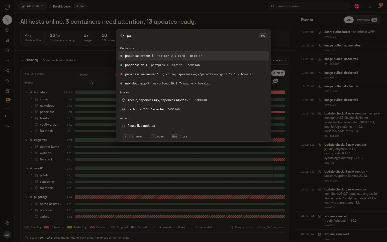 Befehlspalette. Strg/Cmd + K springt zu jeder Seite, jedem Host, Container oder Image.