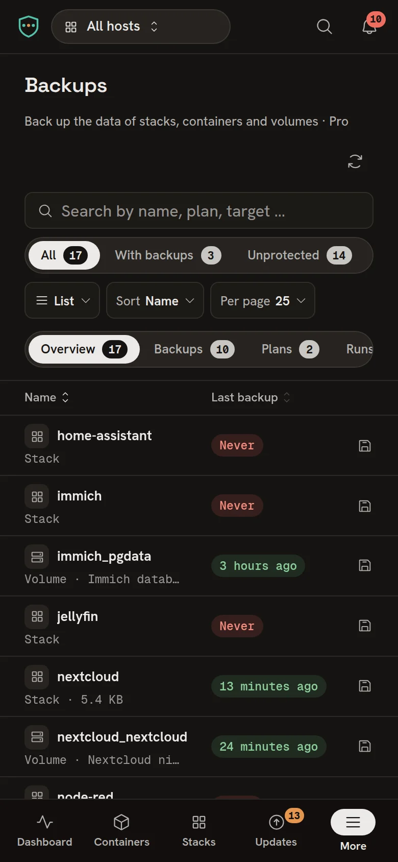 Backups auf deinem Telefon. Die Backup-Übersicht in der Telefonansicht. Echte lokale Demo.