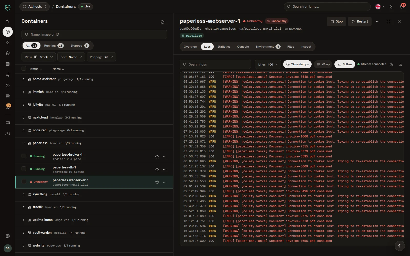 Inspektor, Tab Logs mit Suche und Zeitstempeln