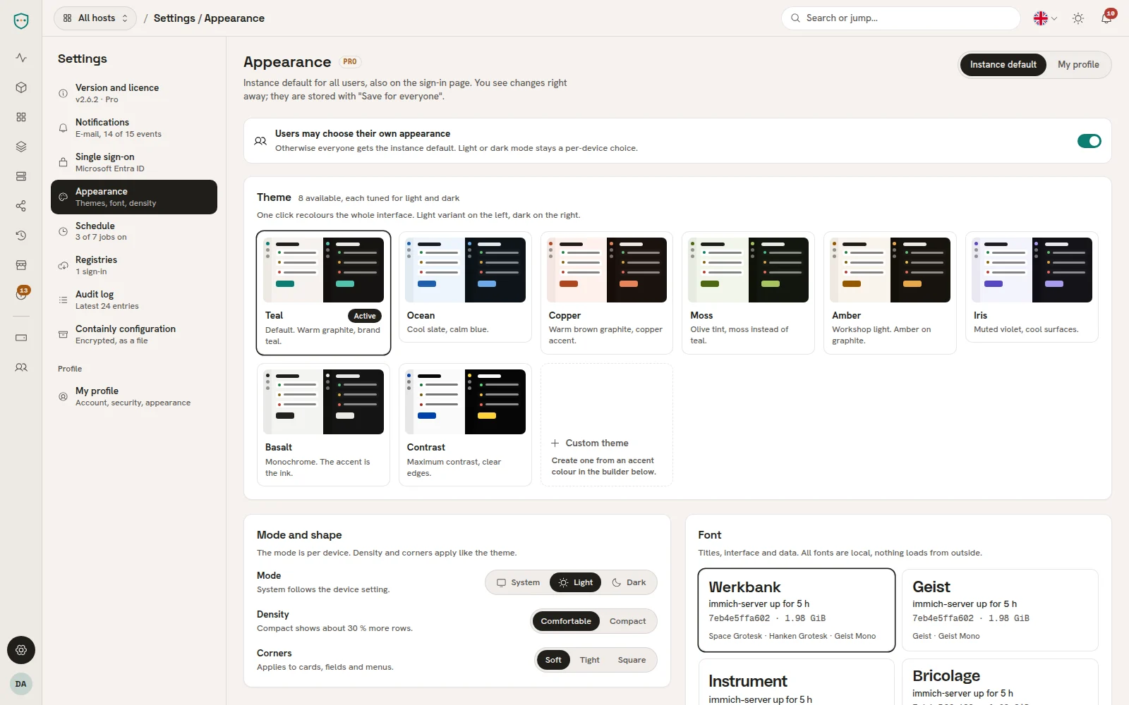 Darstellung. Acht Themes, Schriften, Dichte und Ecken (Pro).