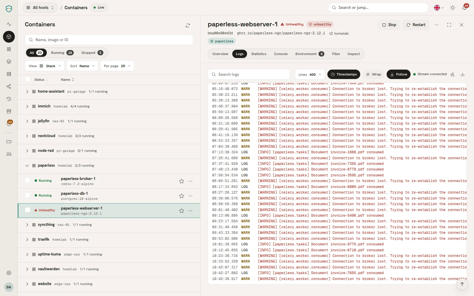 Inspektor, Tab Logs mit Suche und Zeitstempeln