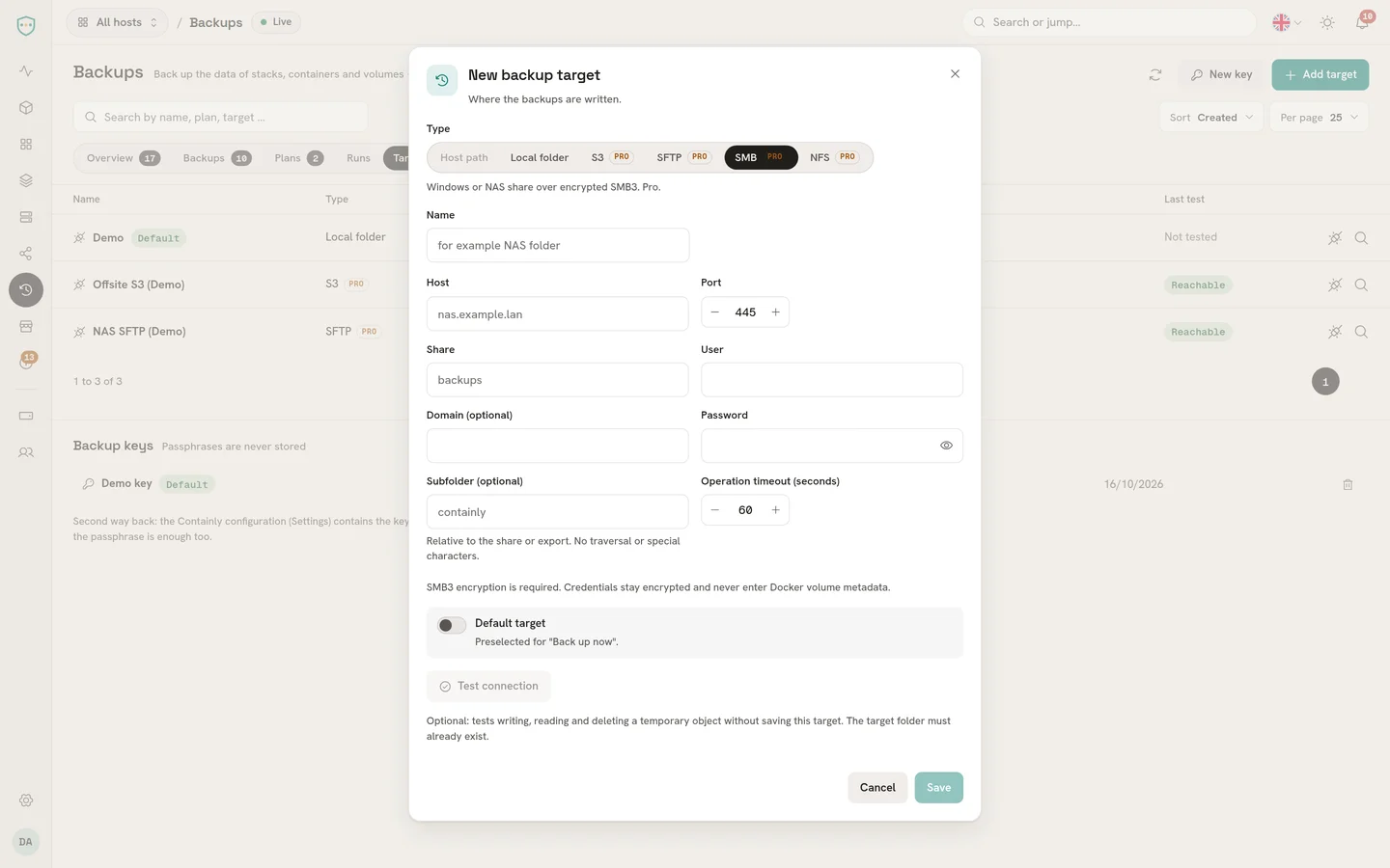 SMB- und NFS-Ziele. S3, SFTP, verschlüsseltes SMB3 und NFSv4 sind Pro-Ziele. Englische App.