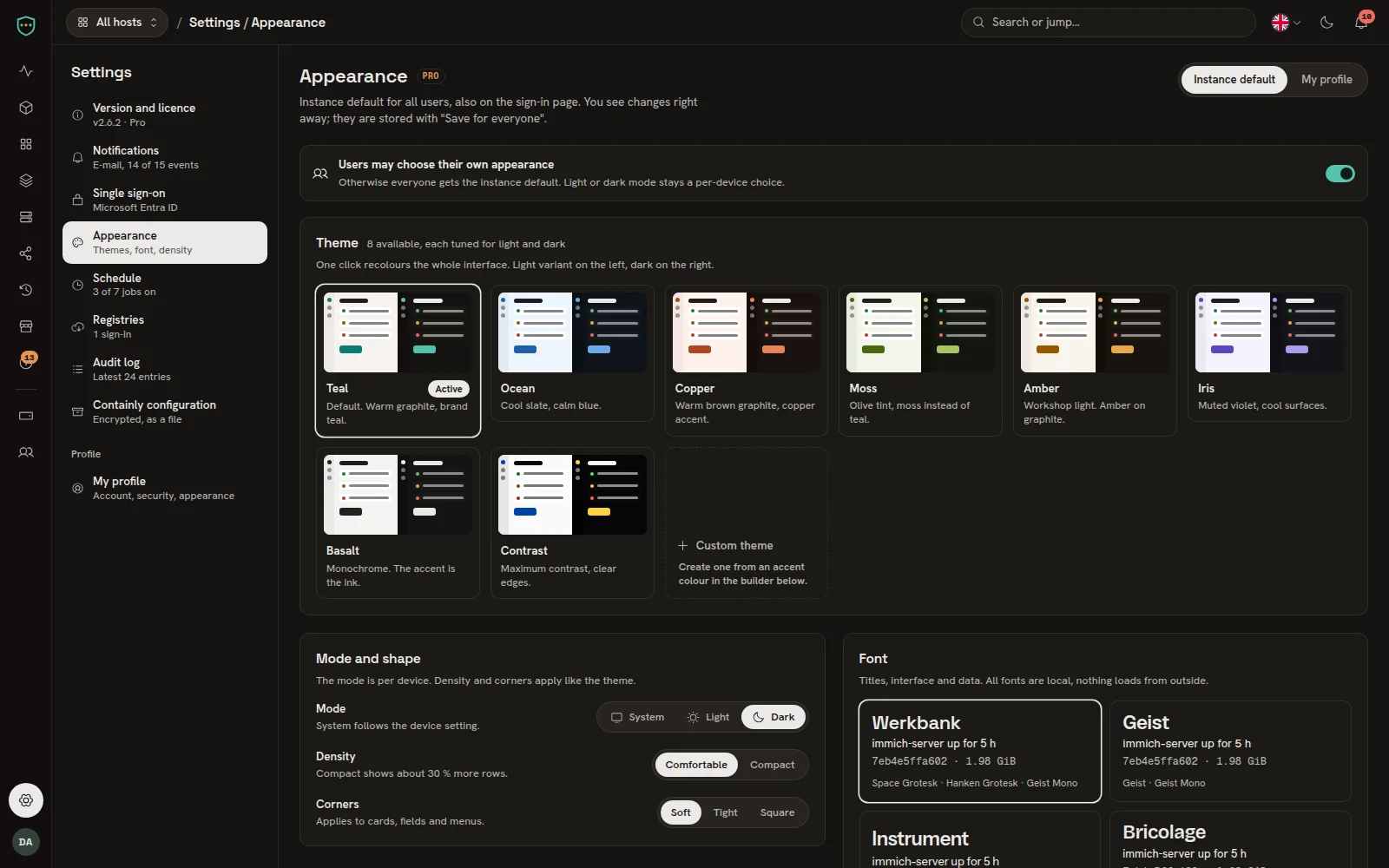 Darstellung. Acht Themes, Schriften, Dichte und Ecken (Pro).